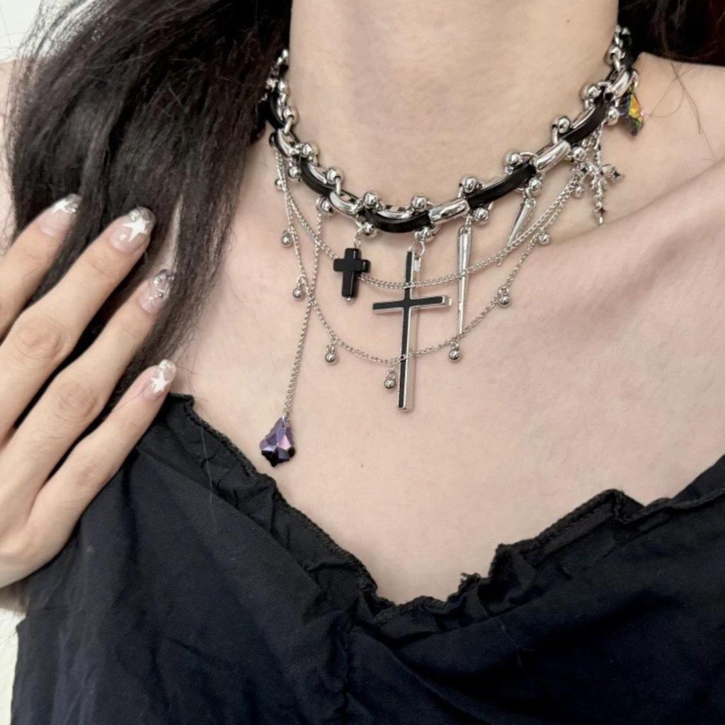 Y2K Spicy Girl Dark Star Leather Choker Necklace - Pure Desire Clavicle Chain