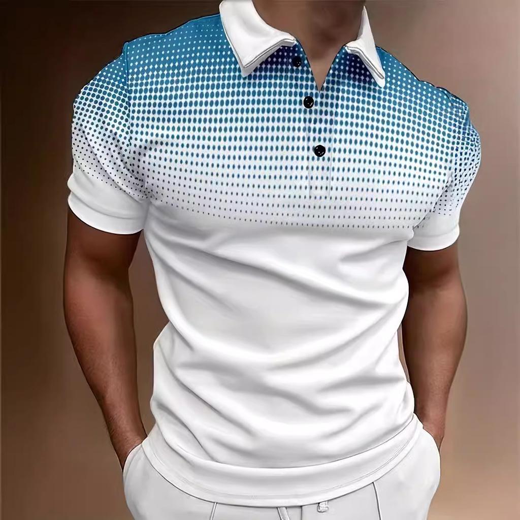 Polyester Fashion T-shirt Button Gradient POLO Shirt Casual Short Sleeved Summer Street Wear Men's Clothing European Size