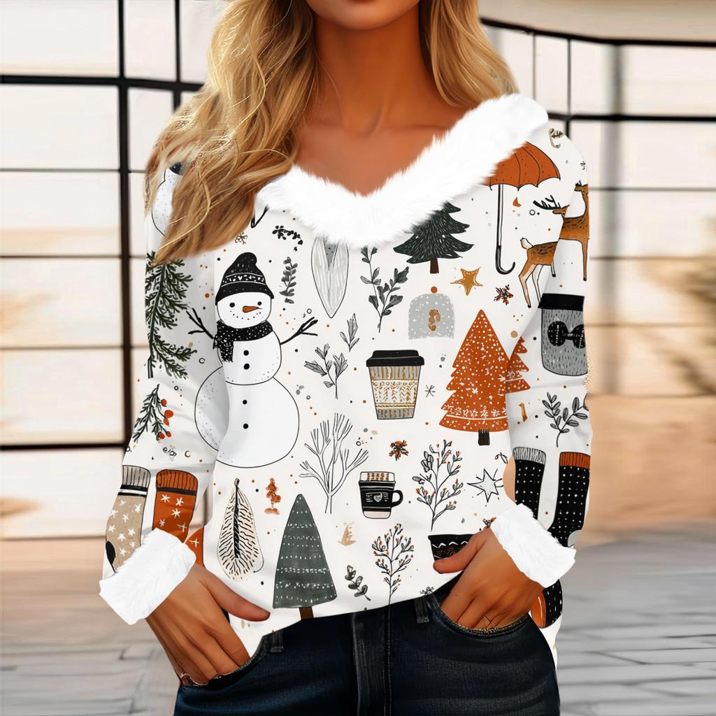Women's Casual Fashion Long Sleeve Christmas Printed Flannel Collar Top