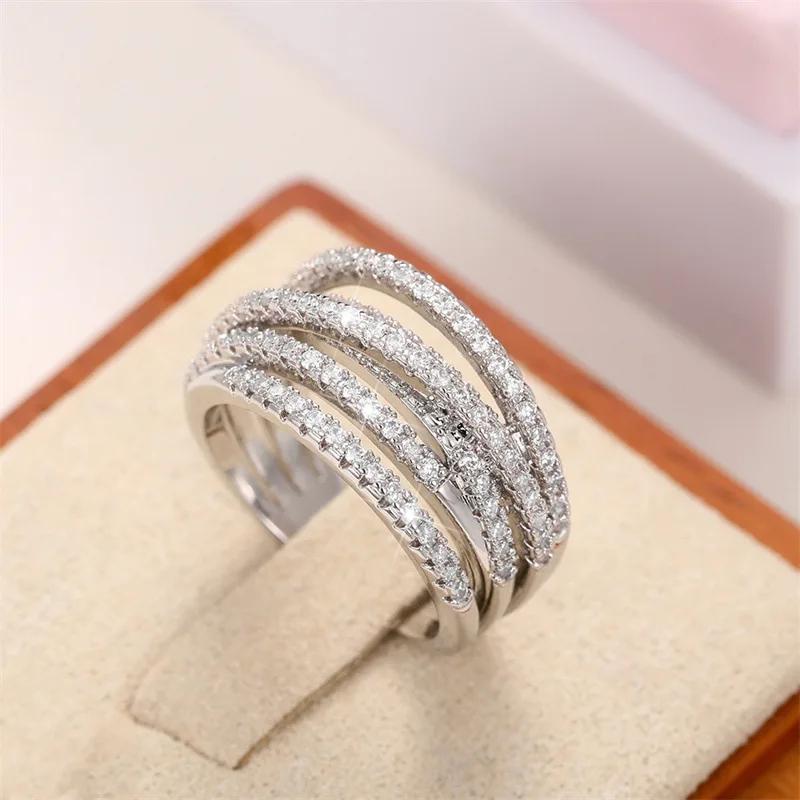 Huajie Inlaid Brilliant Zircon Annular Design Women's Rings Elegant Delicate Wedding Party Female Ring Shining  Trendy