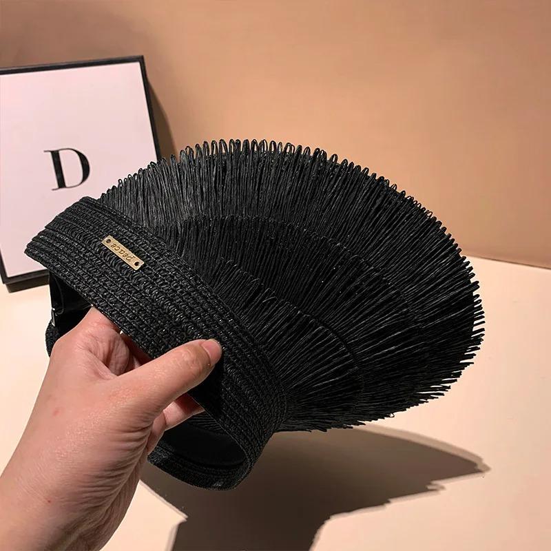 Designer Fashion Brand Sun Fringe Straw Hat Women'S Summer Empty Top Sun Hat Outdoor Parma Uv Protection Beach Sun Hat