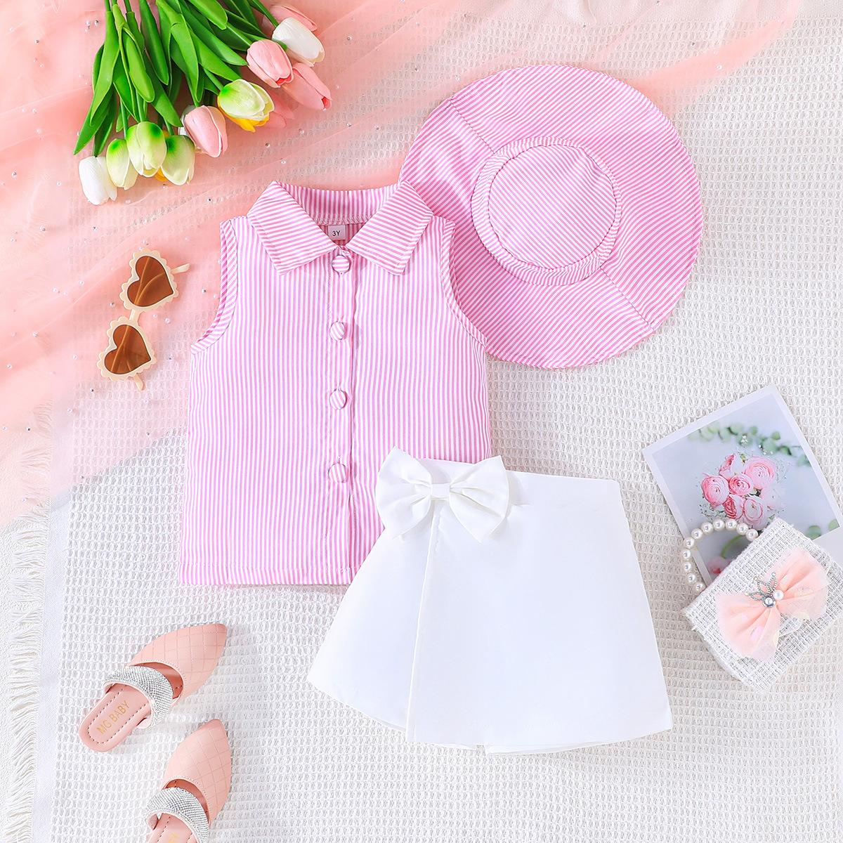 

Детская одежда для детей 3-8 лет, новая футболка для девочек, модный полосатый топ + юбка-бюстье + шапочка, 3 шт., детская юбка 8Y розовый