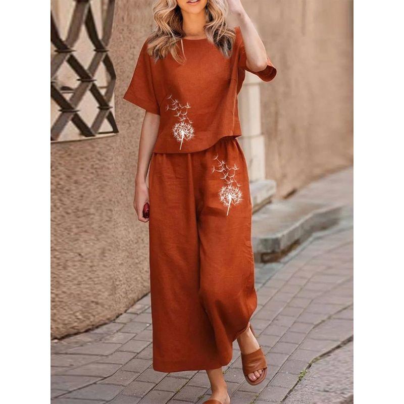 Crew Neck Short Sleeve Sleeve Printed Suit round Neck Short Sleeve Print Cropped Pants Two-piece Set