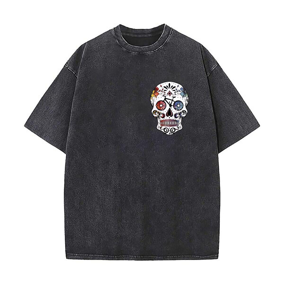 

Sugar Skull Bike Colorful Day of the Dead Art Daily Commute Vintage Distressed T Shirt Loose Washed Sleeve S
