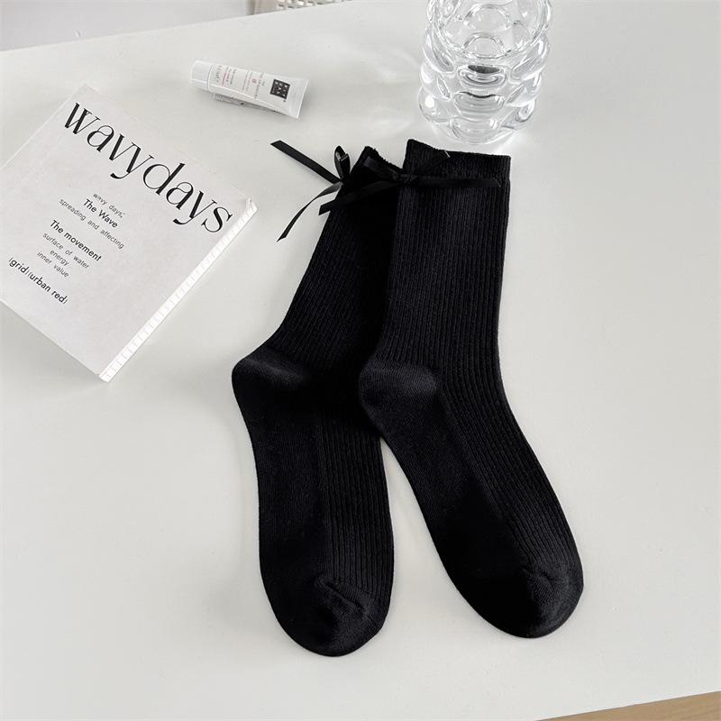 Socks Women'S Solid Color Bow Women'S Socks Double Needle Draw Strips Versatile Stack Of Socks Trendy Gray Socks