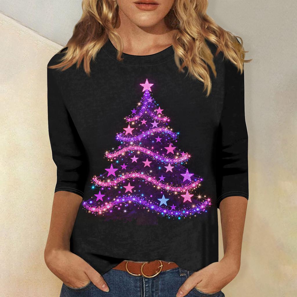 Dames Losse Comfortabele Casual Mode V-Hals Kerstprint Lange Mouw Hoodie