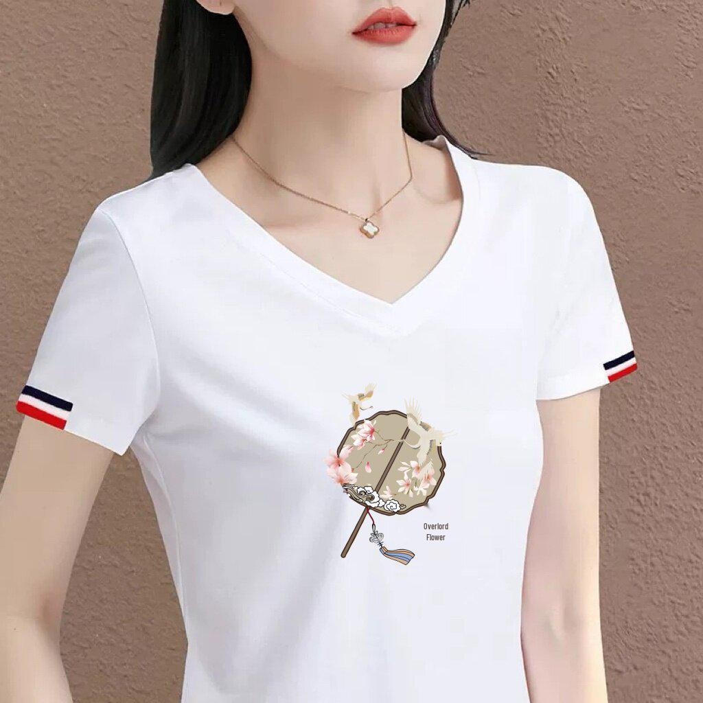 

Women s High-End V-Neck Printed T-Shirt with Color-Block Cuffs - Casual & Stylish Mom Wear M