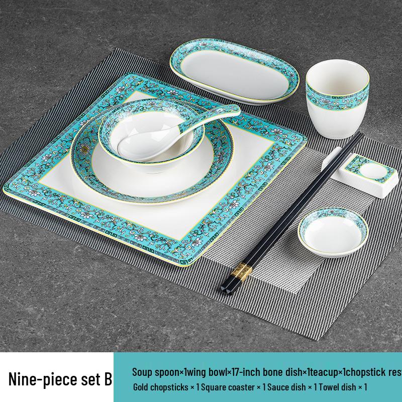 Set di stoviglie smaltate in stile cinese: Set di 4 ciotole, piatti e stoviglie in ceramica per uso in ristoranti e hotel