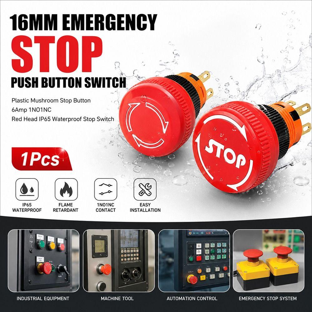 1Pcs 16mm Emergency Stop Push Button Switch Mushroom Stop Button  for Emergency Stop Control