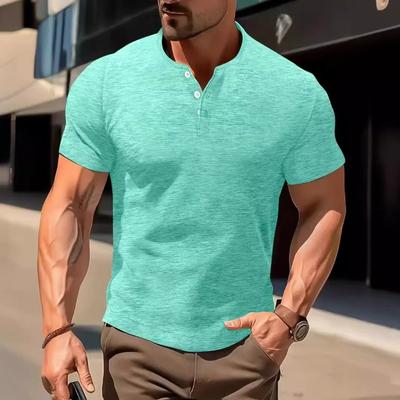 Fashionable Men's Short Sleeved Button T-shirt with Henry Collar for Comfortable Sports Leisure Multi Colored Shirts Men’s