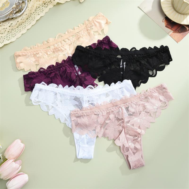 FINETOO 3 Bucți Tangas Florale din Dantelă Decupate Lenjerie Intimă Solidă Sexy cu Talie Joasă Confortabil G-String Fete Fierbinți Lenjerie Erotică