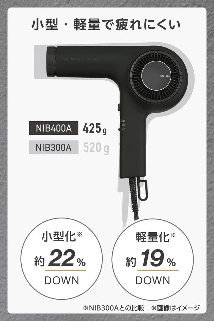 TESCOM Nobby by TESCOM Hair Dryer, Protect Ion, Lightweight, Compact, 1.7m, Easy-to-Unplug Plug, Black, NIB400A-K/E
