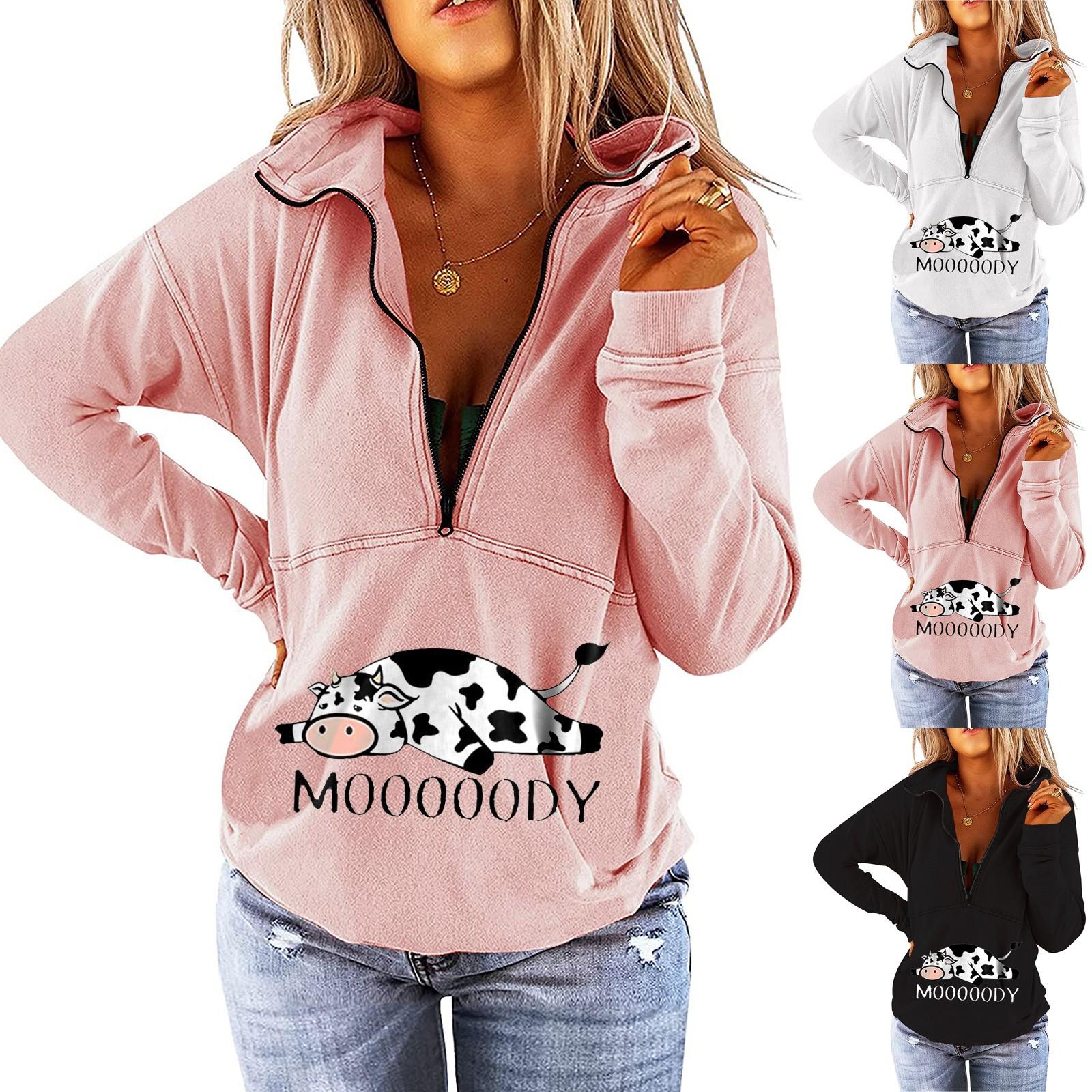

Women s Personalized Cow Print Stand-Up Collar Long-Sleeve Stitching Zipper Sweater