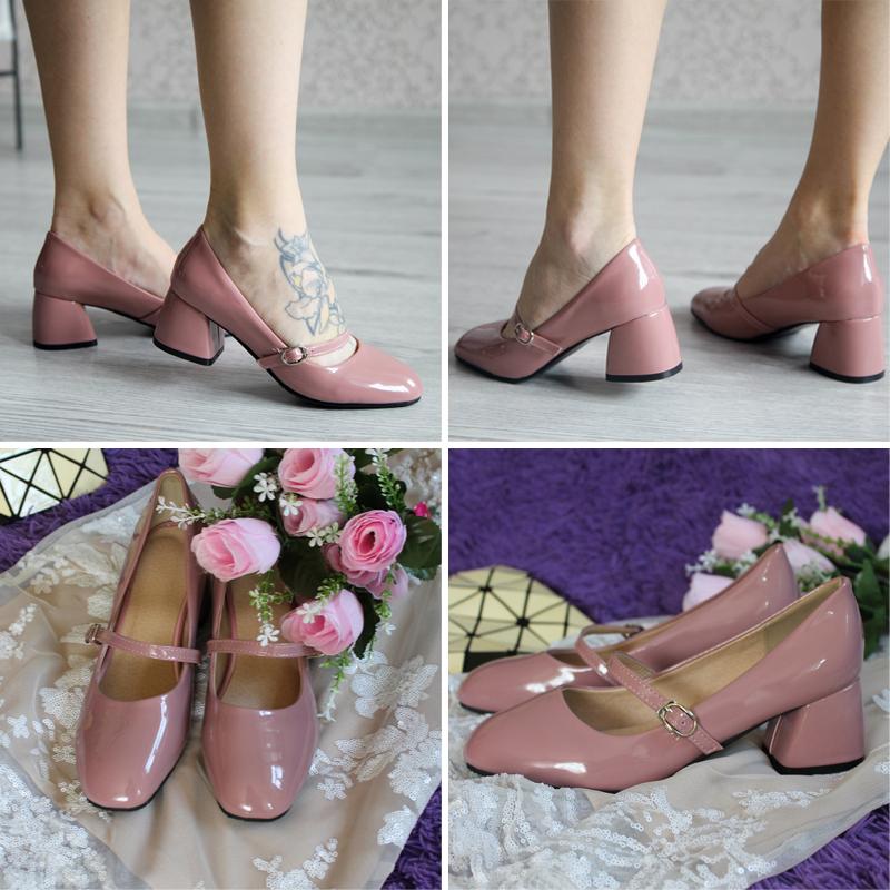 FOREADA High Heels Shoes Women Mary Janes Shoes Patent Leather Med Heel Pumps Buckle Square Toe Ladies Shoes Red Plus Size 33-43