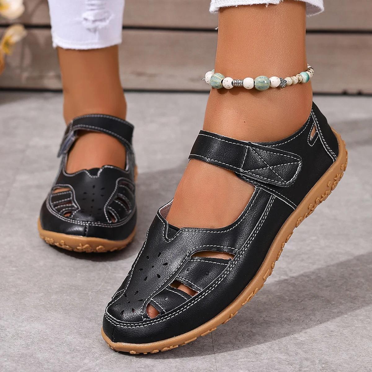 

Women Gladiator Sandals Hollow Out Flat Sandals New Leather Summer Shoes Woman Ladies Casual Soft Bottom Female Beach Sandal 43 чёрный