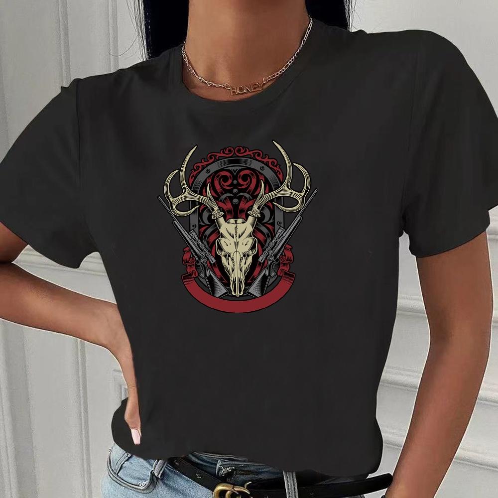 2023 Fashion Trend New T-shirt Skull Printed Female O-neck T Shirt Casual Harajuku Crew Neck  Ladies Tshirt Hip Hop Streetwear