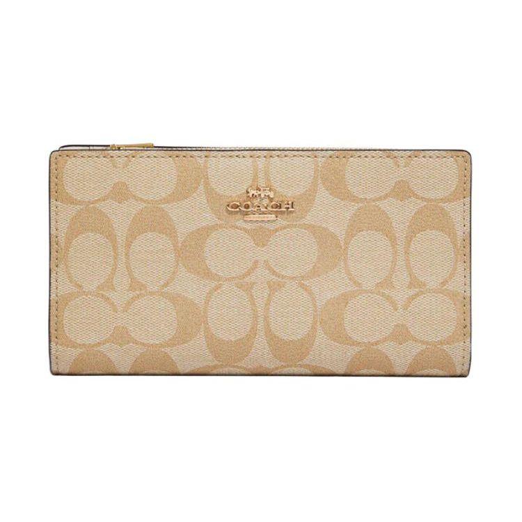 

Coach Slim Wallet 18 Classic Monogram Solid Color Snap Three-Layer Canvas With Leather Clutch Wallet Small Women wallet Dark-Khaki C8714-IMDQC Basic Set (Bag+Dust Bag)