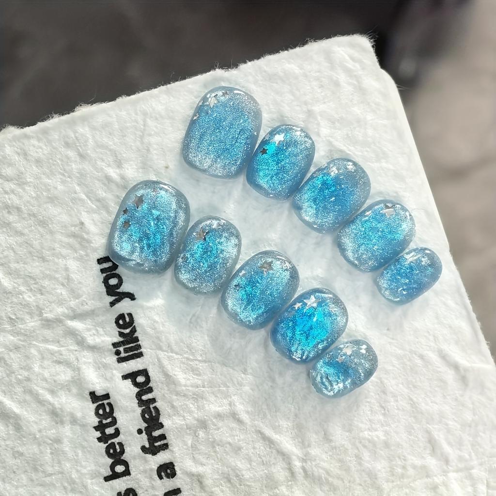 10 Pcs Handmade Ice Blue Ocean Star Short Oval Press On Nails Transparent Texture Reusable False Nails For Women