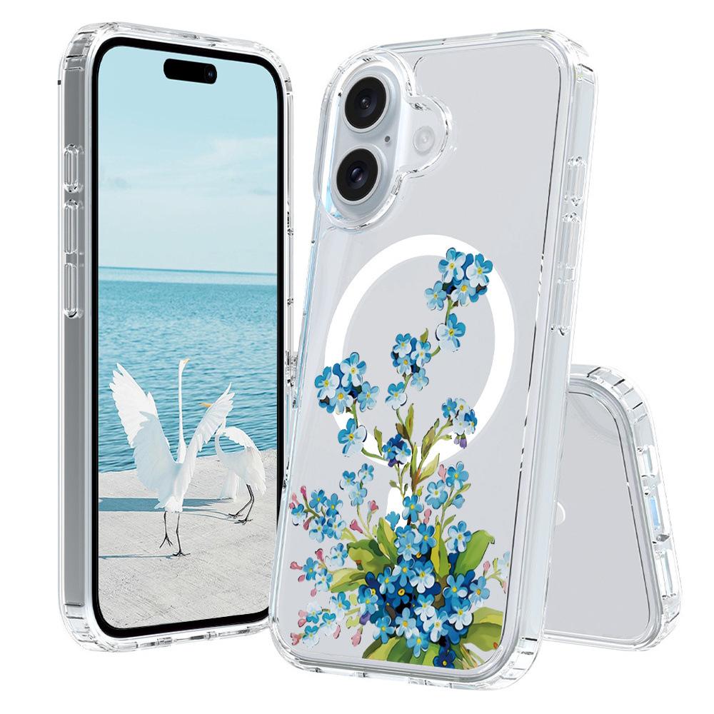 For iPhone 16 Plus Case Compatible with MagSafe Flower Pattern Printing TPU+PC Phone Cover