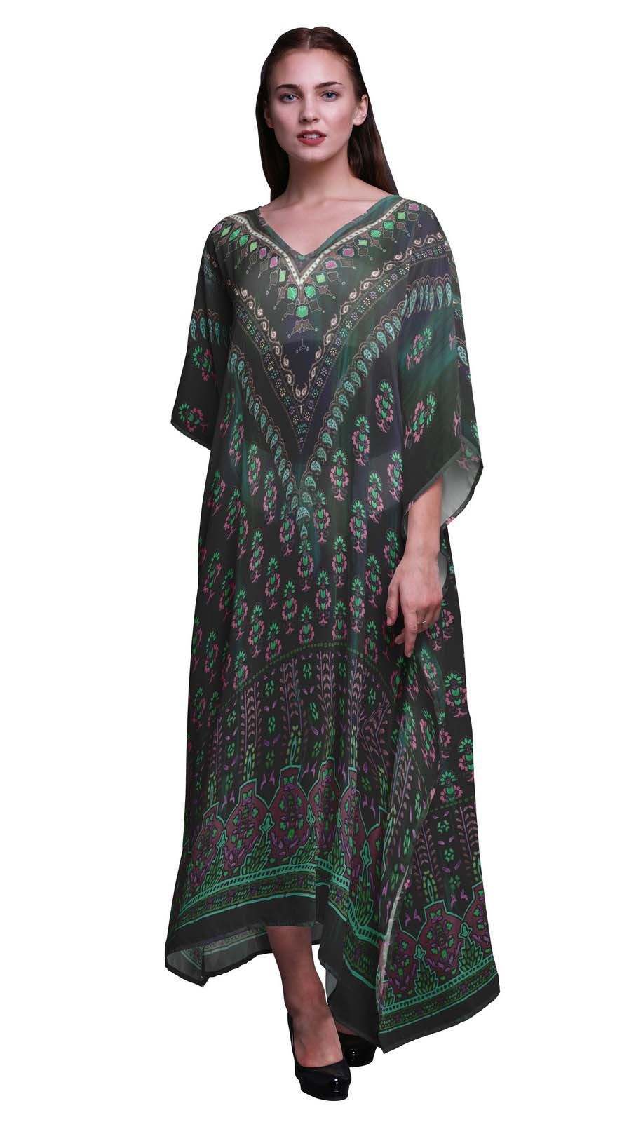 

Phagun Motifs Floral Womens Long Beach Kaftan Beachwear Bikini Coverup Maxi XL-3X кольору морської хвилі