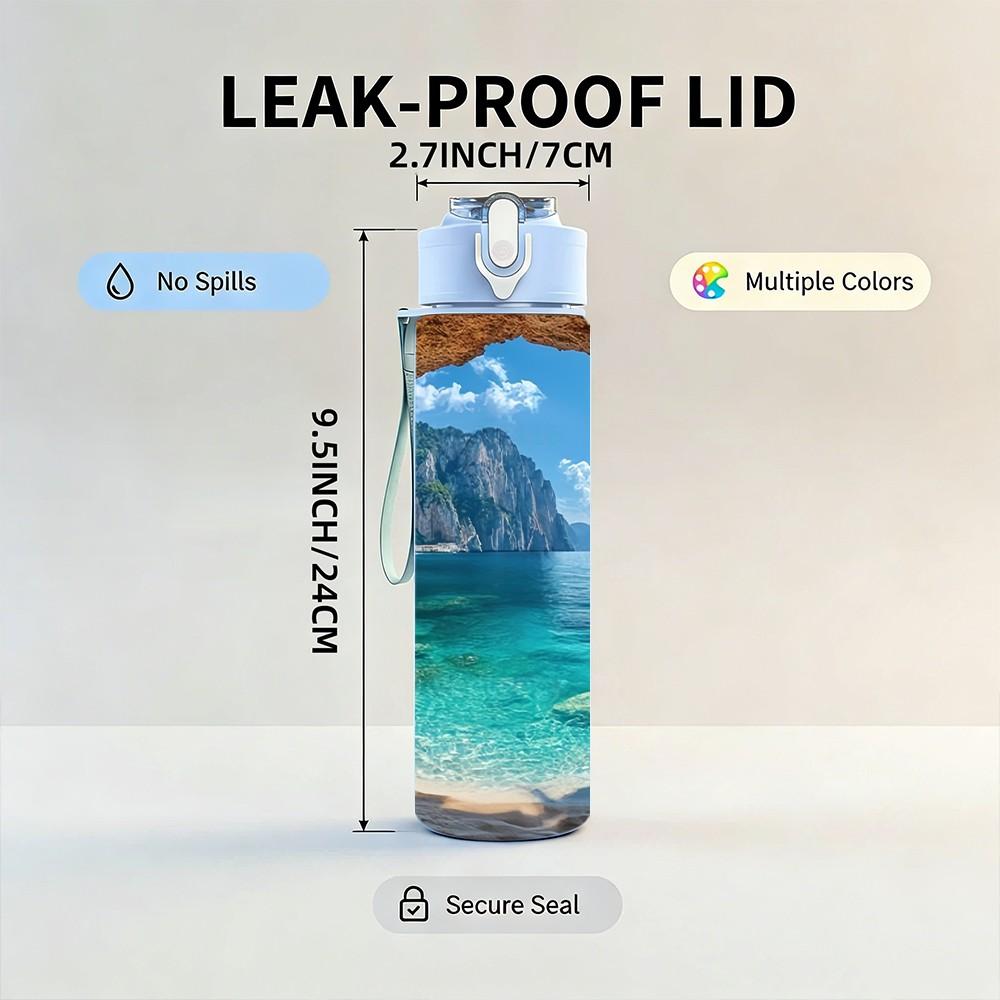 1PC Ocean Sea Cave Coastal Nature Landscape Art 750ml Color Plastic Sports Water Bottle Leakproof Flip Straw Lid Suitable for Sports Office Home Use