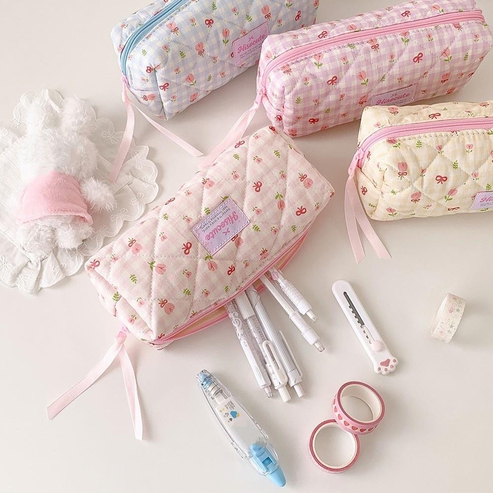 Bow Quilted Pencil Pouch Y2k Flower Pencil Case Desktop Storage Cloth Stationery Bag Student