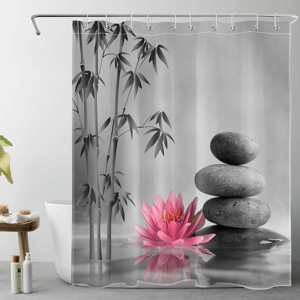 Zen Spa Shower Curtain Grey Bamboo Stone with Teal Water Lily In Water Bathroom Shower Curtain Teal and Gray Bathroom Curtain