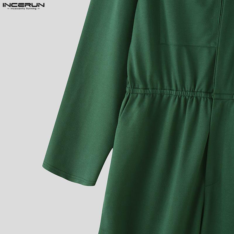 INCERUN Men Collarless Long Sleeve Belt Solid Sports Casual Buttons Long Jumpsuits Rompers