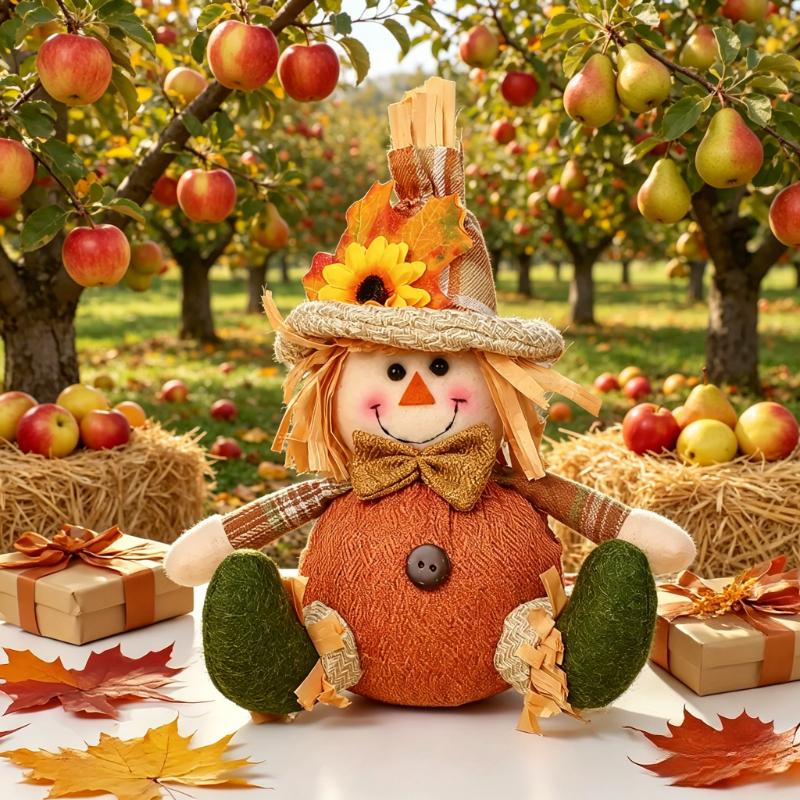 1pc Plush Scarecrow Doll Thanksgiving Fall Harvest Decoration Sitting Scarecrow Figurine for Autumn Home and Farmhouse Decor