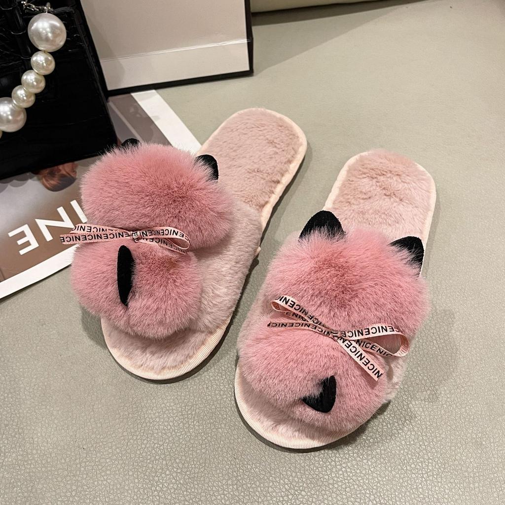 Amazon große Größe flauschige Hausschuhe Zuhause Indoor flache Sohle warm Ein-Wort-Hausschuhe Baumwollhausschuhe Schuhe