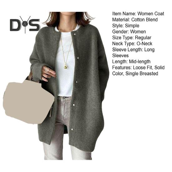 Women Coat Round Neck Long Sleeve Solid Color Knitting Outwear Solid Color Loose Fit Mid-length Coat