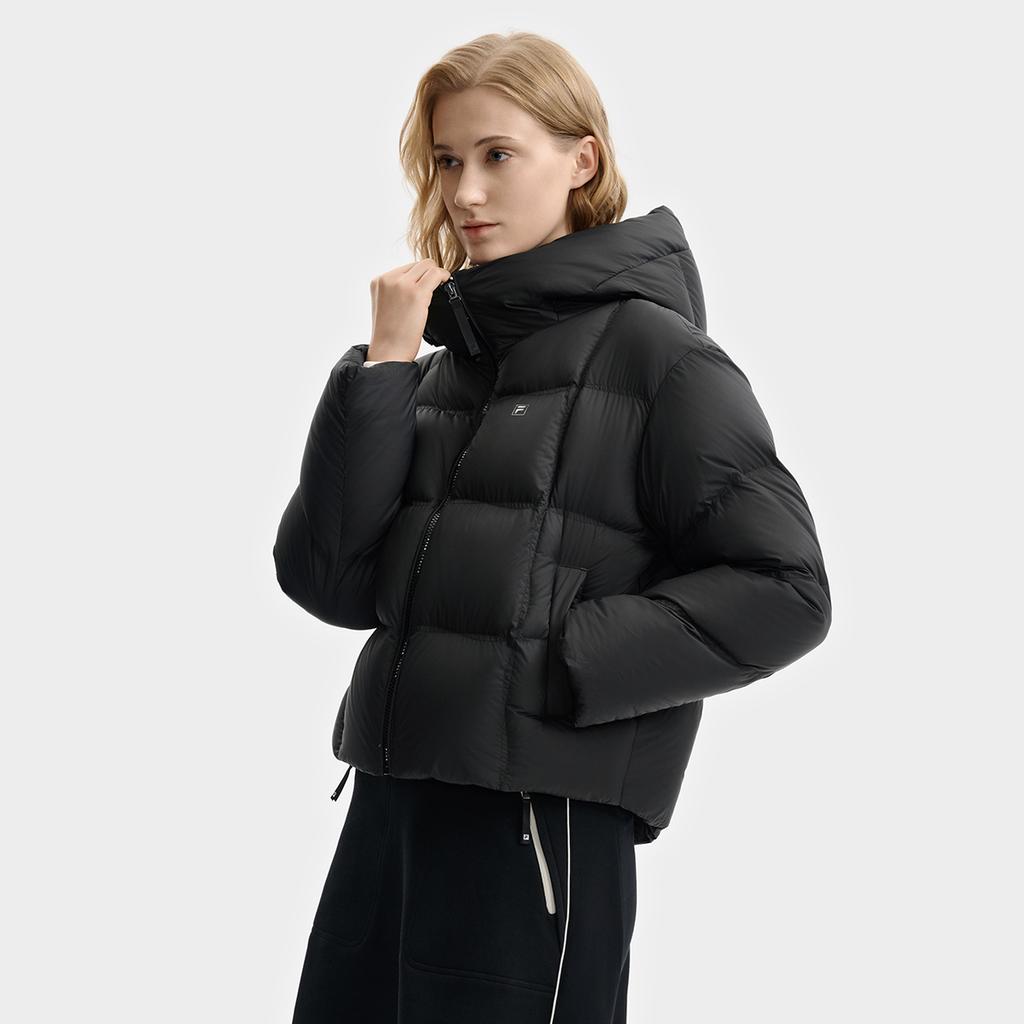 Fila White Casual Commuter Classic Simple Comfortable Versatile Stretchy Goose Down Warm Hooded Jacket Women Outerwear Black F11W543916FBK