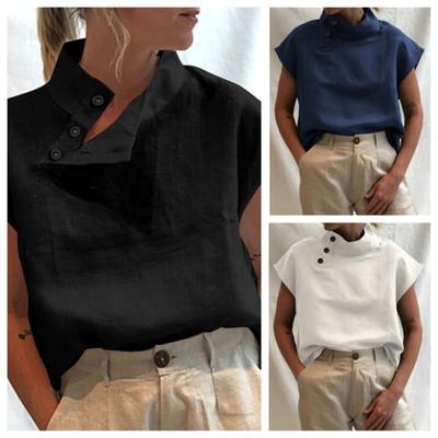 Celmia Blusa de algodão com botão lateral de verão e linho, camiseta feminina casual de manga curta