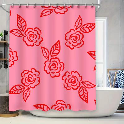 Cortina de Ducha con Estampado Floral Rosa con Flores Rojas Impermeable Decoración del Hogar Juego de Decoraciones para Baño para Bañera