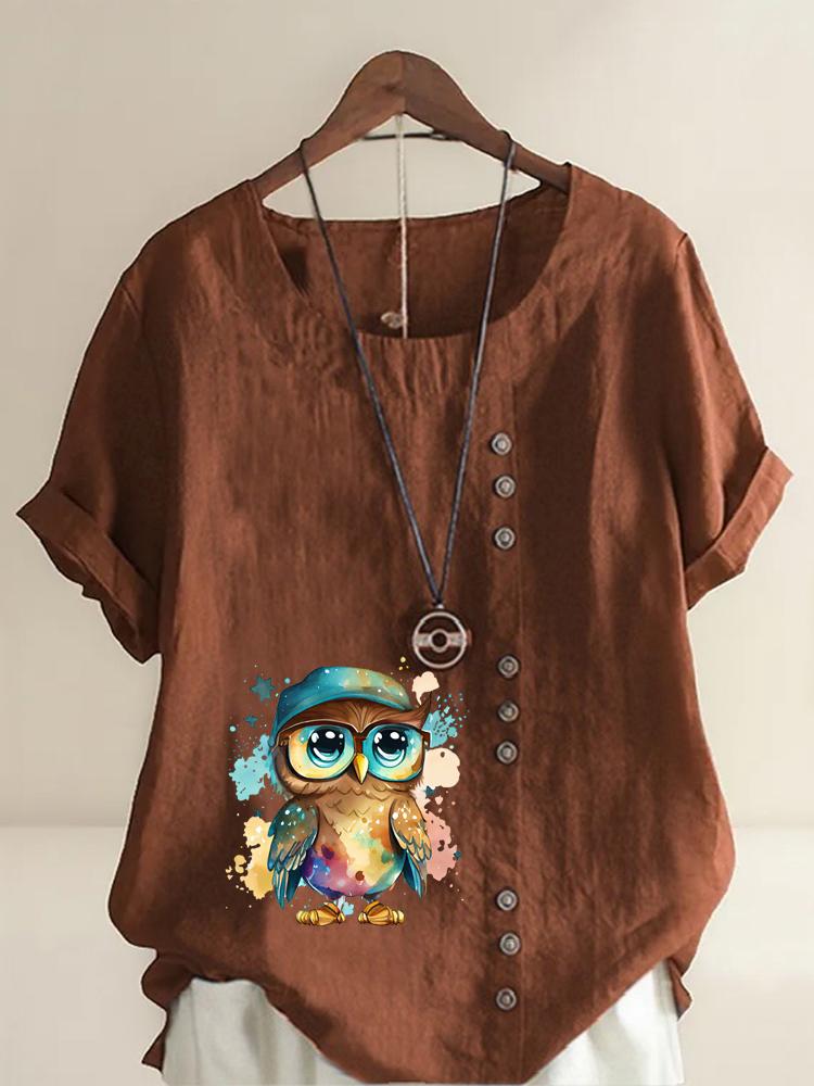Women's Fashion Cool Owl Print Round Neck Short Sleeve T-shirt Casual Cotton Linen Graphic Shirt Leisure Loose Summer Blouse Tops