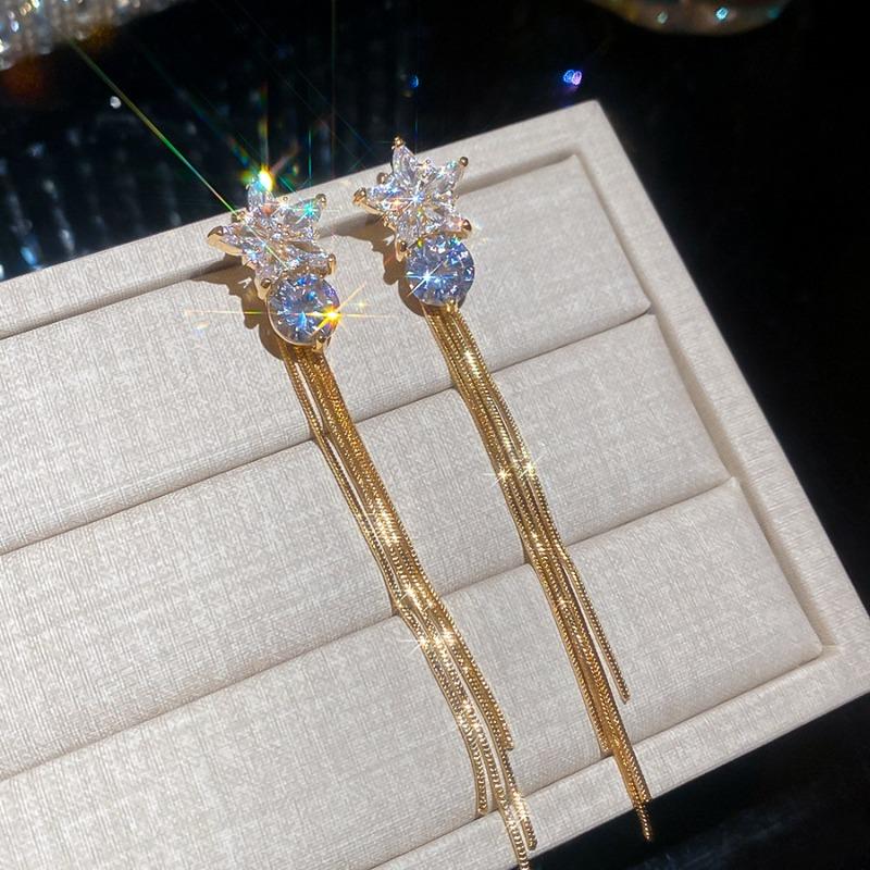 18k real gold electroplated silver needle zircon star fringed stud earrings niche high-end earrings simple temperament earrings women