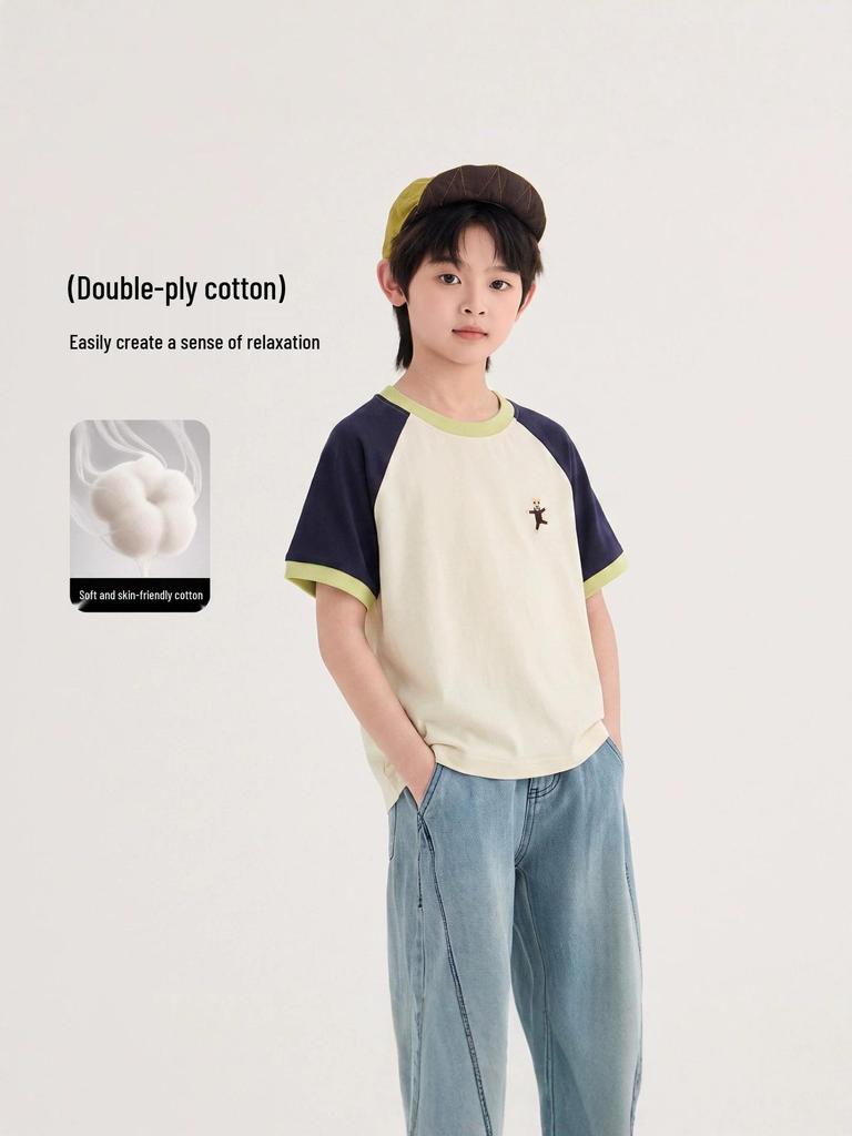 2026 Boys' Summer Loose Casual Color Block T-shirt - Breathable, Sweat-Wicking, Fashionable Short Sleeve