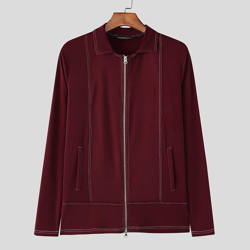 INCERUN Męskie Top T-shirty Casual z Kołnierzem Lapel, Długim Rękawem, Zamkiem Błyskawicznym i Rozcięciami, Dopasowane
