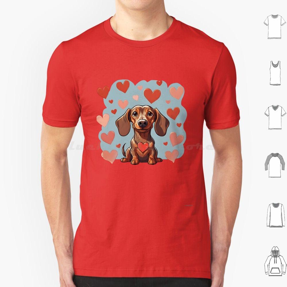 Cute Valentine Daschound Dog T Shirt Cotton Men Women DIY Print Dog Breeds Cute Dog Dog With Hearts Valentine Dog Animals