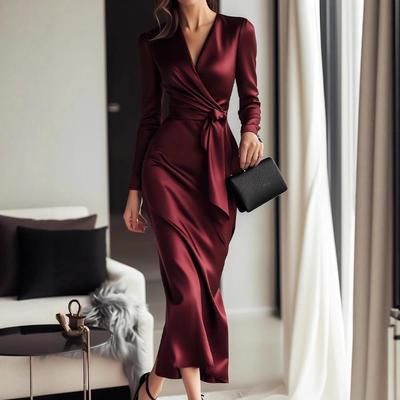 Elegant Autumn Satin Long Sleeve V-Neck Waistband Dress
