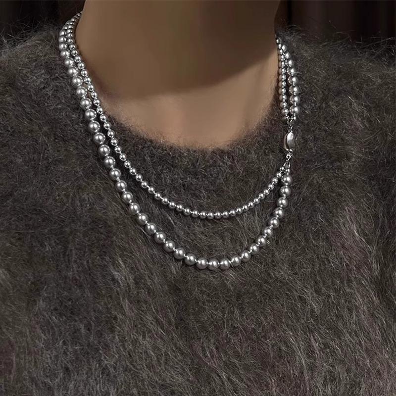 Korean Fever Same Hemp Gray Glass Pearl Necklace Retro Stainless Steel Ingot Buckle Double Pearl Neck Chain