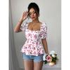 Spring Summer New Arrival Women's Square Neck Smocked Print Short Sleeve Top Fashion Slim Fit Sexy Casual Blouse