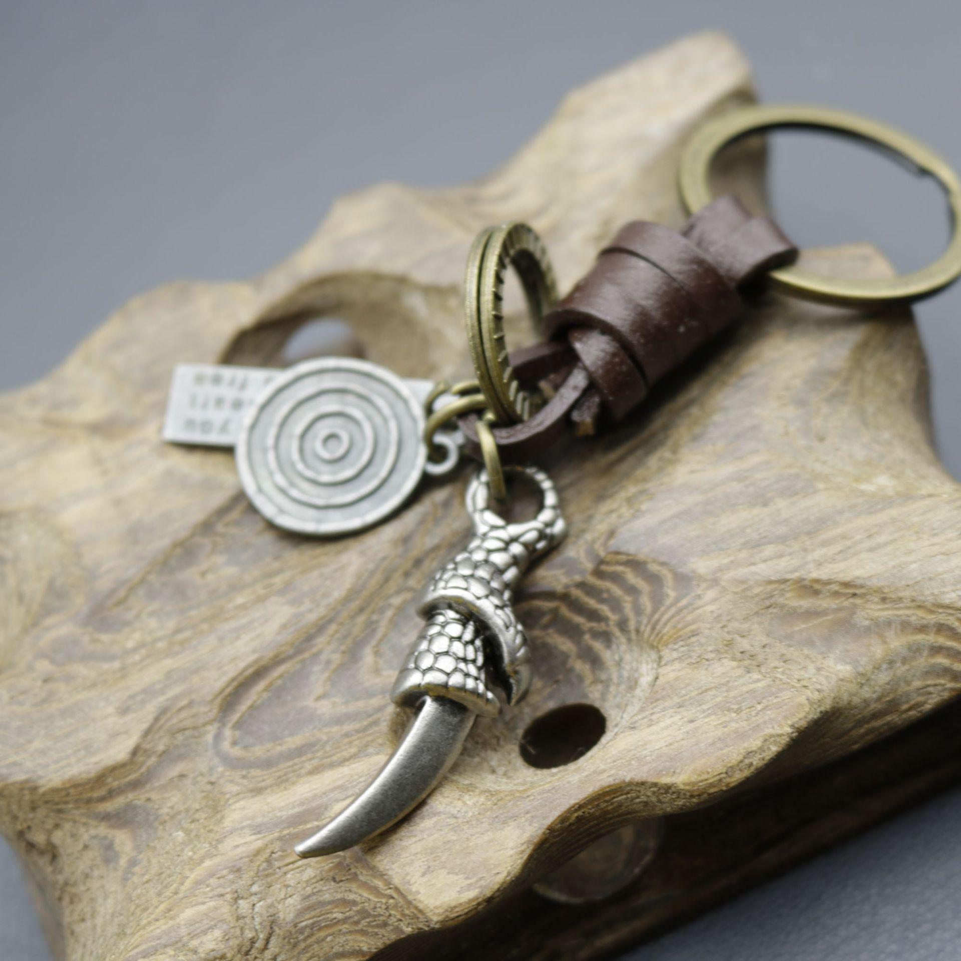 Men s Retro Bronze Wolf Tooth Alloy Keychain with Woven Cowhide