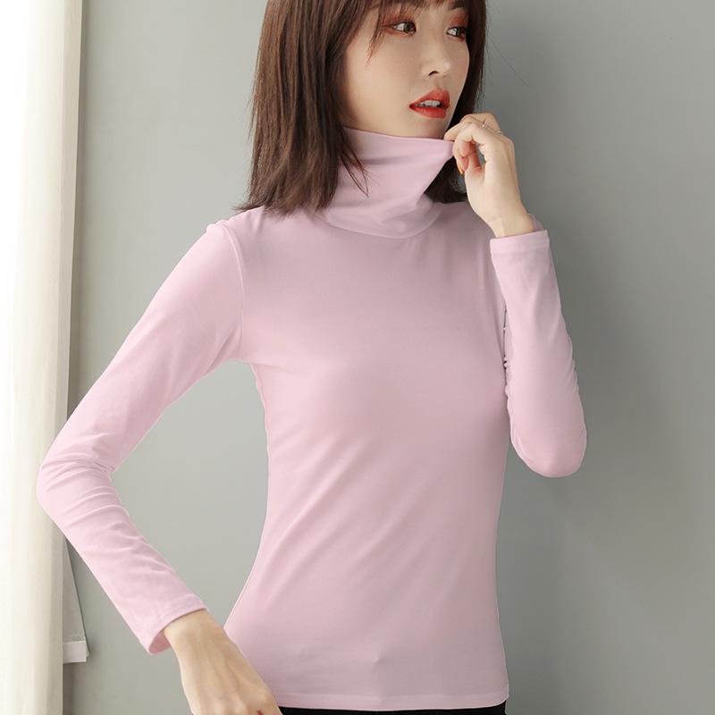 Women's Slim Fit High Collar Cotton Long Sleeve T-Shirt for Autumn and Winter