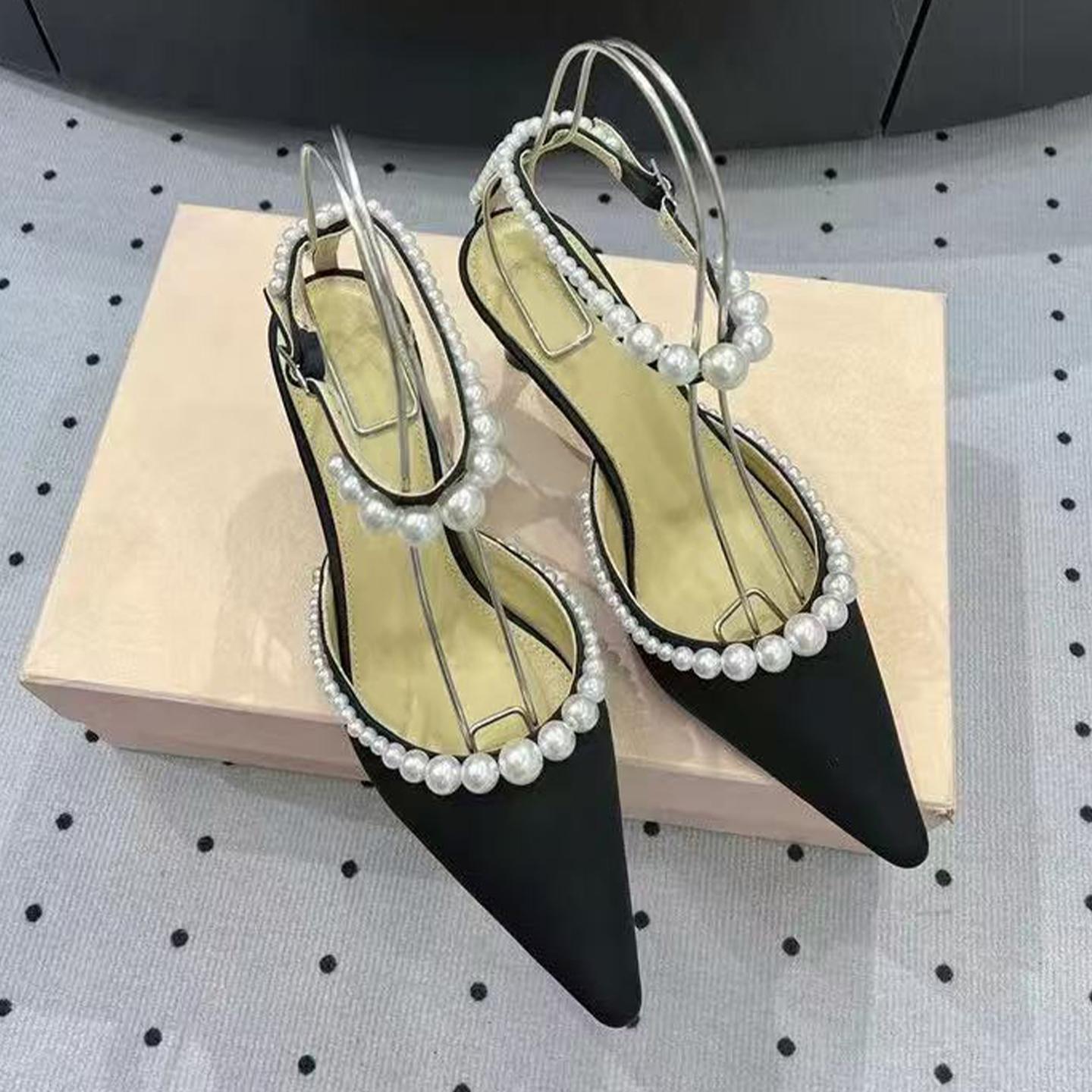 

Модные туфли-лодочки на шпильке с острым носком и жемчужной цепочкой для женщин 2025 Лето Новинка Французский элегантный С открытым плечом Элегантный со шнурком 40 чёрный