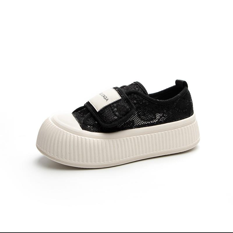 

Summer new Velcro breathable lace high-heeled mesh shoes women s mesh flat-bottomed shell head board shoes thick sole 40 чёрный