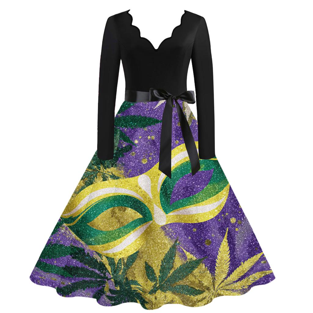 Women's Casual Fashion V Neck Carnival Printed Vintage Dress