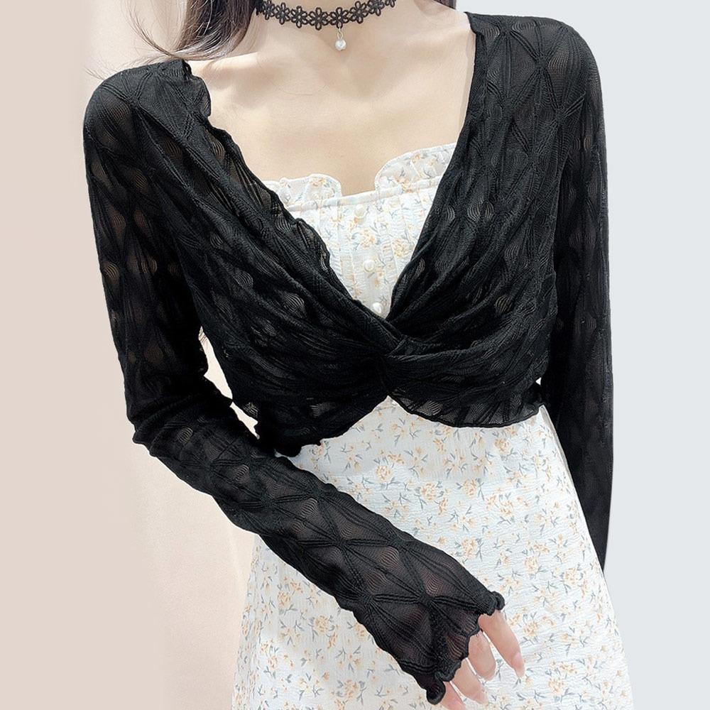 

Шаль из сетки с длинными рукавами, защита от солнца, кружевной топ, новый короткий накидка, женская одежда L чёрный