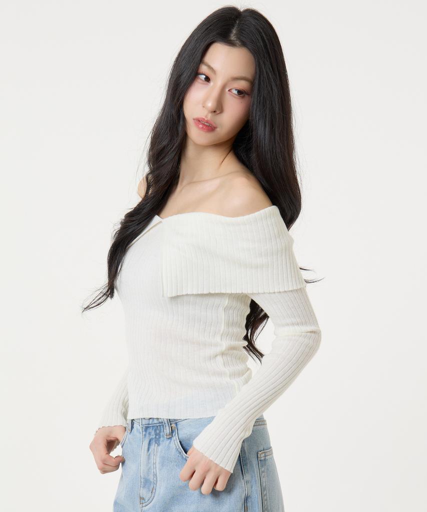 UNKNOWN PLANET Ruffle Boat Neck Long Sleeve Knit Top White