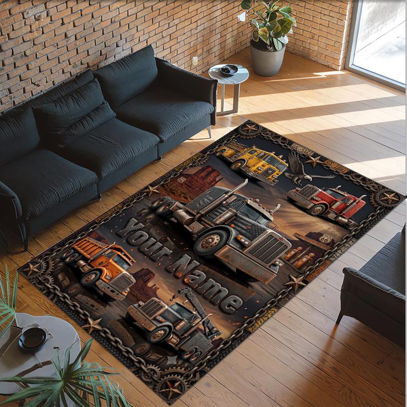 Truck Theme Crystal Velvet Rug Personalized Custom Name Text Soft Floor Mat Home Decor